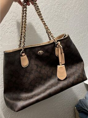 Coach Dark Brown Signature Tote with Tan Leather Trim and Chain Straps